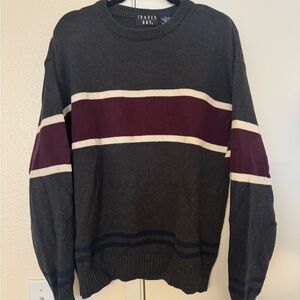 Grandpa Sweater Size Large - Charcoal Crewneck Sweater with Burgundy Stripes